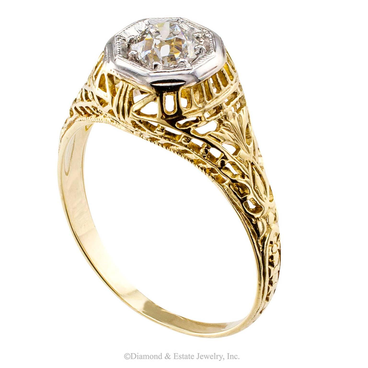 Old Mine Cut 0.35 Carat Diamond Art Deco Gold Engagement Ring In Excellent Condition In Los Angeles, CA