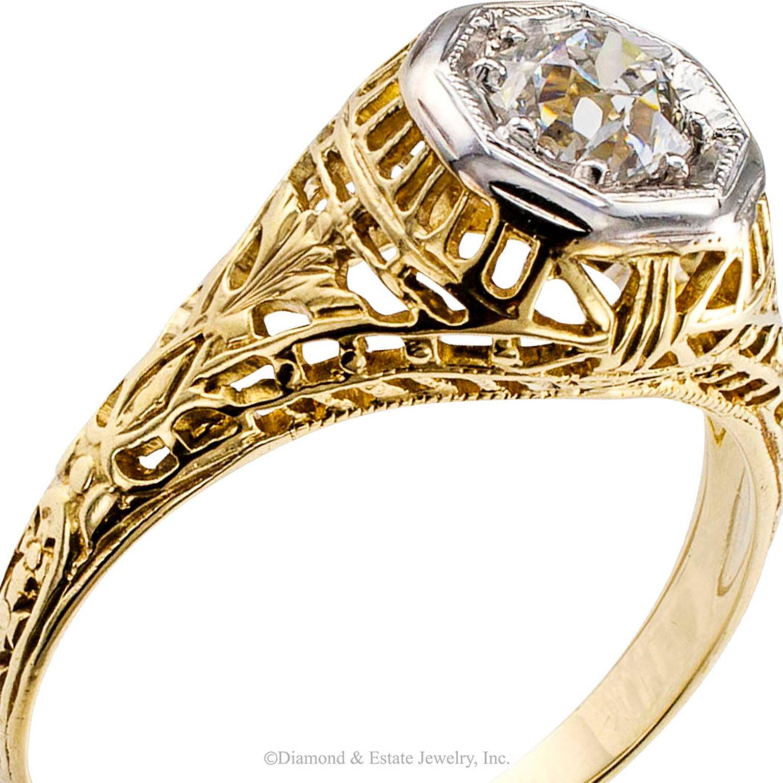 Old Mine Cut 0.35 Carat Diamond Art Deco Gold Engagement Ring 2