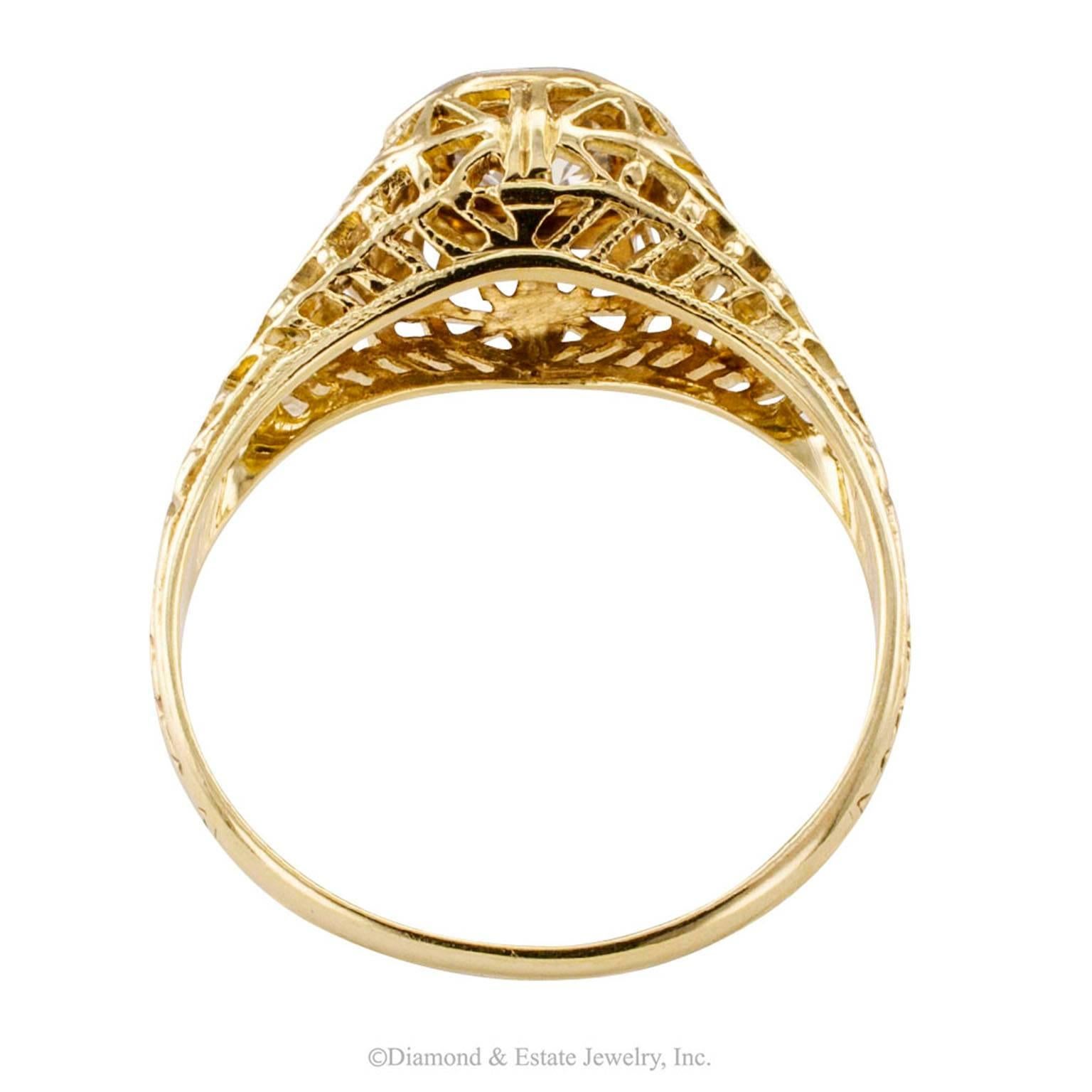 Women's Old Mine Cut 0.35 Carat Diamond Art Deco Gold Engagement Ring