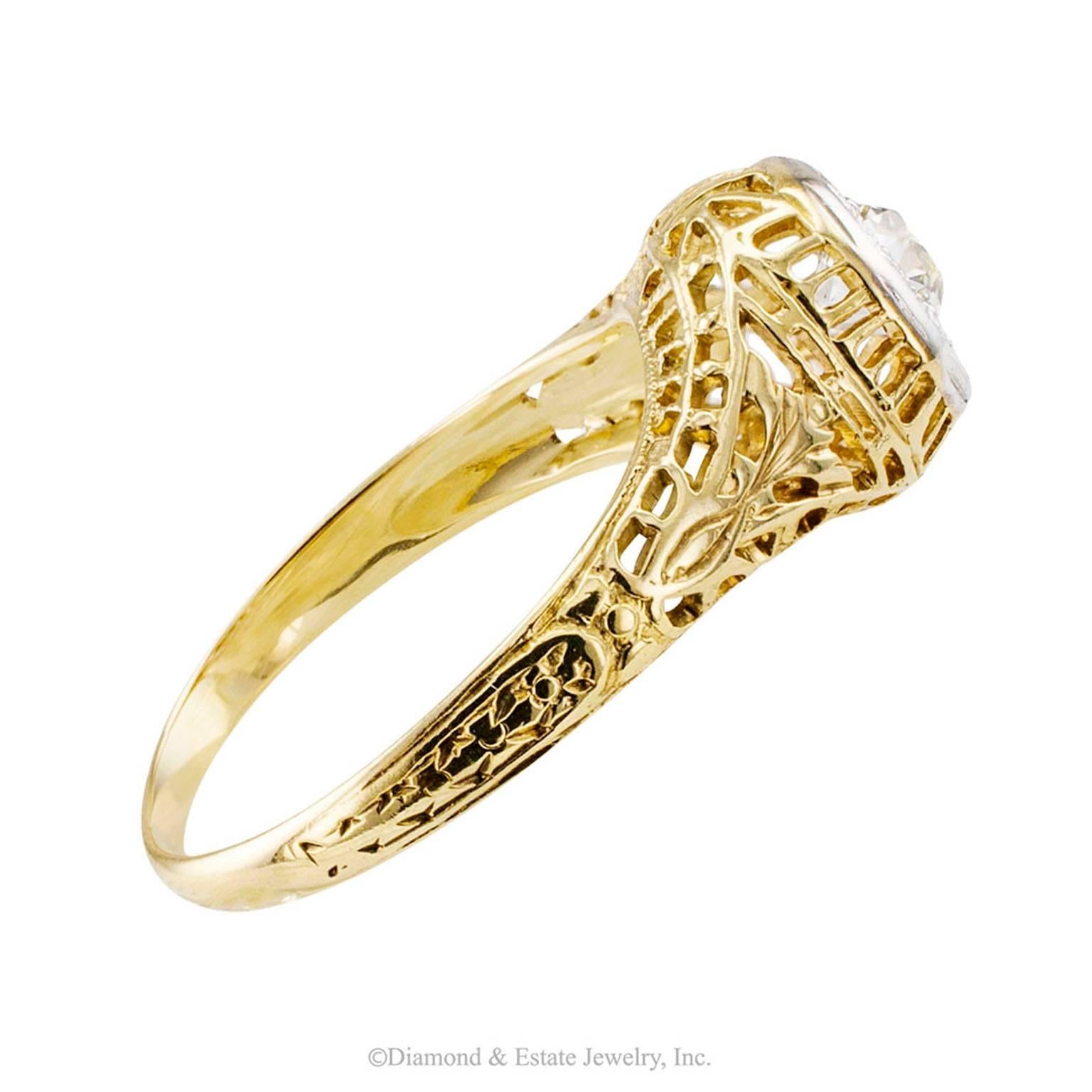 Old Mine Cut 0.35 Carat Diamond Art Deco Gold Engagement Ring 1