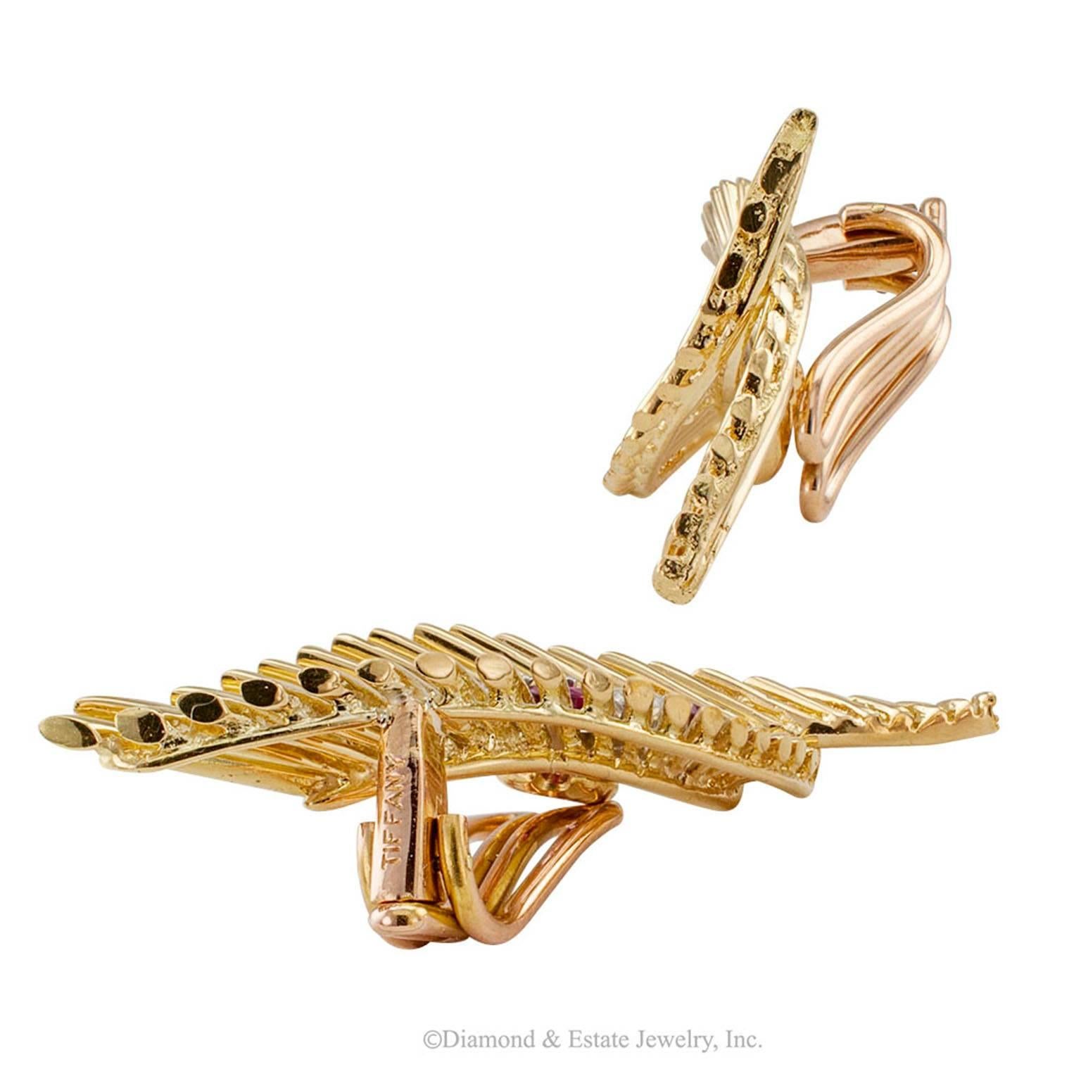 Tiffany & Co. 1950s Ruby Diamond Gold Retro Earclips In Excellent Condition In Los Angeles, CA