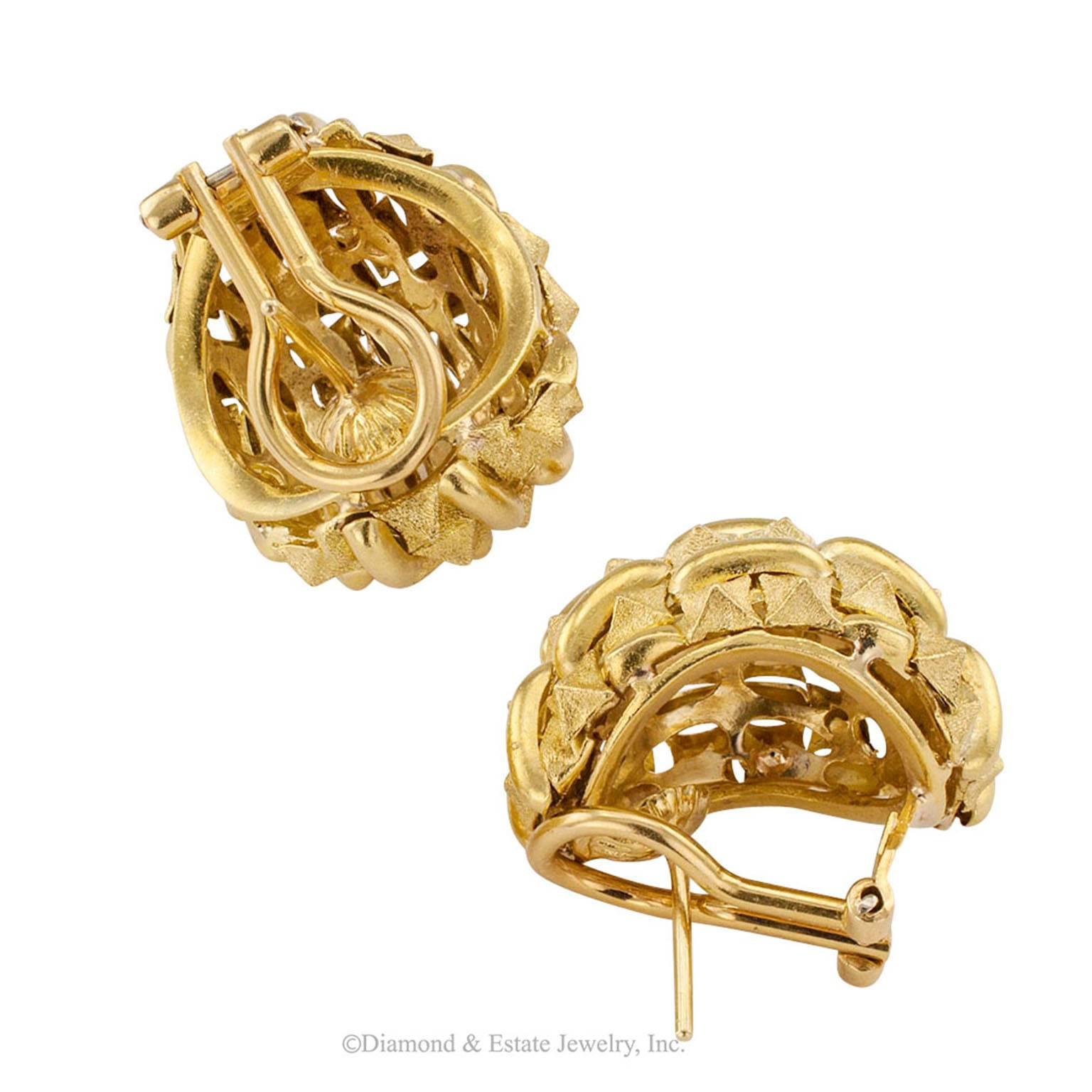 Modern 1970s Domed Textured Gold Earrings
