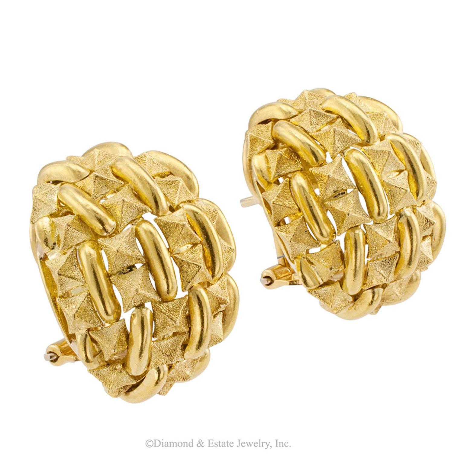 Women's 1970s Domed Textured Gold Earrings