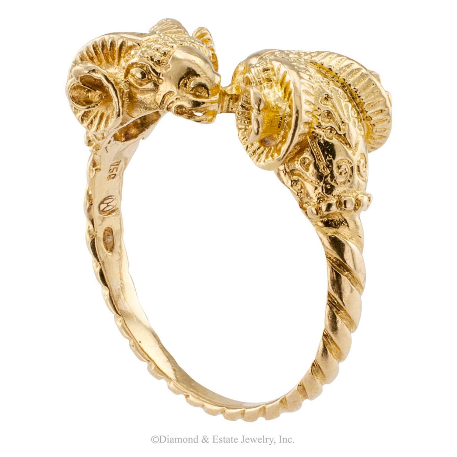 Lalaounis 1980s Twin Ram Heads Ring Gold

Lalaounis 1980s twin ram head ring.  This petite version featuring the iconic twim ram head motif is down right cute, crafted in 18-karat yellow gold with maker's marks for Ilaias Lalaounis.
 
RING SIZE:  6
