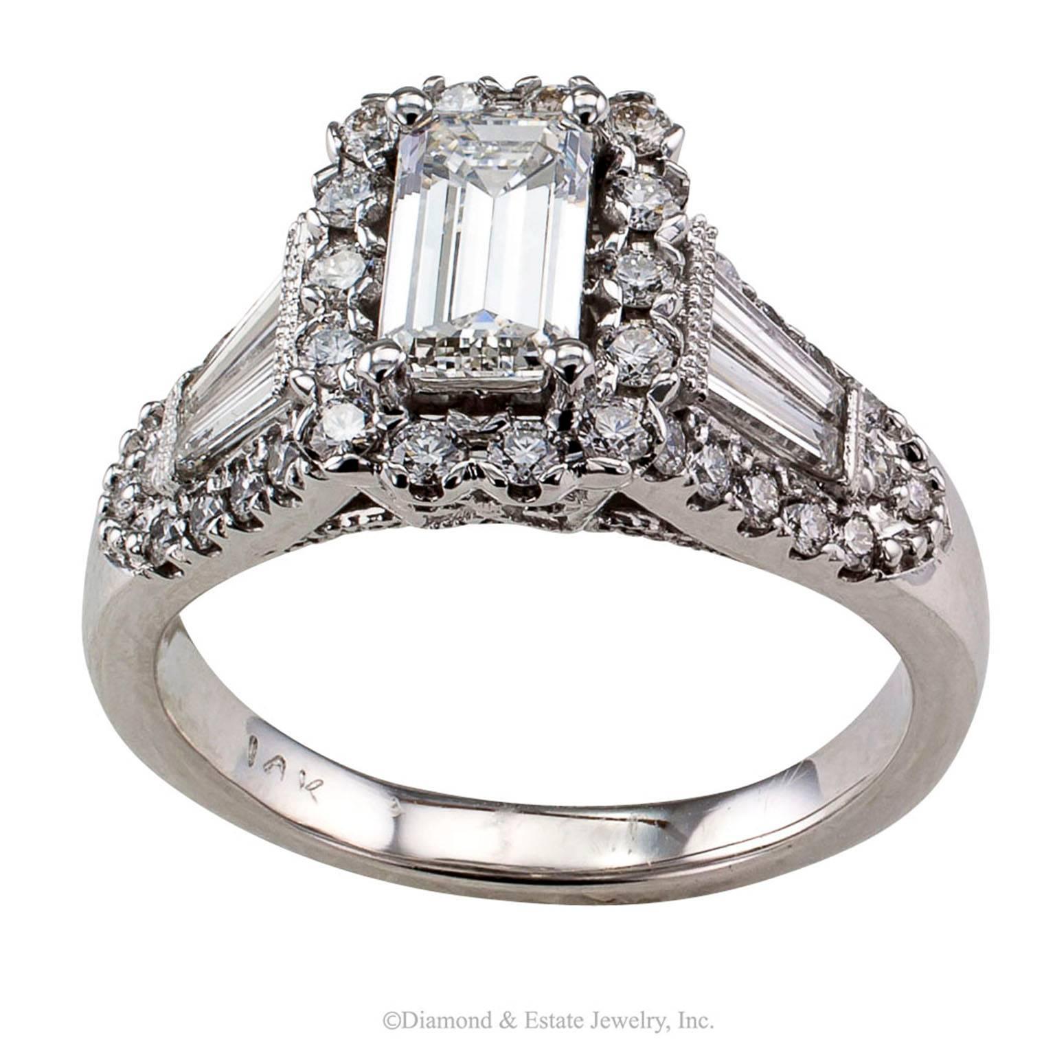 GIA 0.75 Carat Emerald Cut Diamond Engagement Ring

GIA 0.75 carat emerald-cut diamond estate engagement ring mounted in 14-karat white gold.  The contemporary design centers upon an emerald-cut diamond weighing 0.75 carat, accompanied by a report