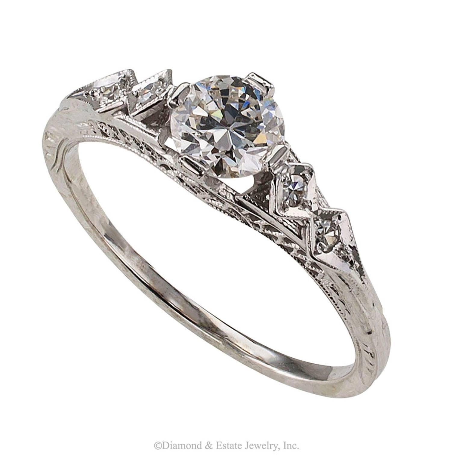Women's Art Deco 0.47 Carat Diamond White Gold Engagement Ring