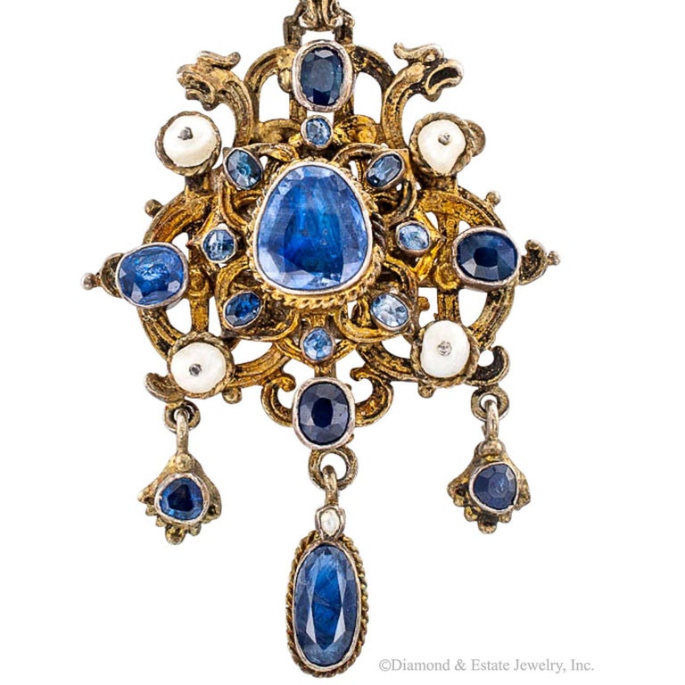 Victorian 1880s Sapphire Pearl Guilded Silver Pendant at 1stDibs
