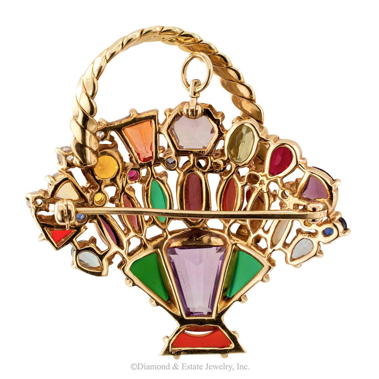 Retro 1950s Color Gemstone Diamond Gold Basket Brooch/Pendant