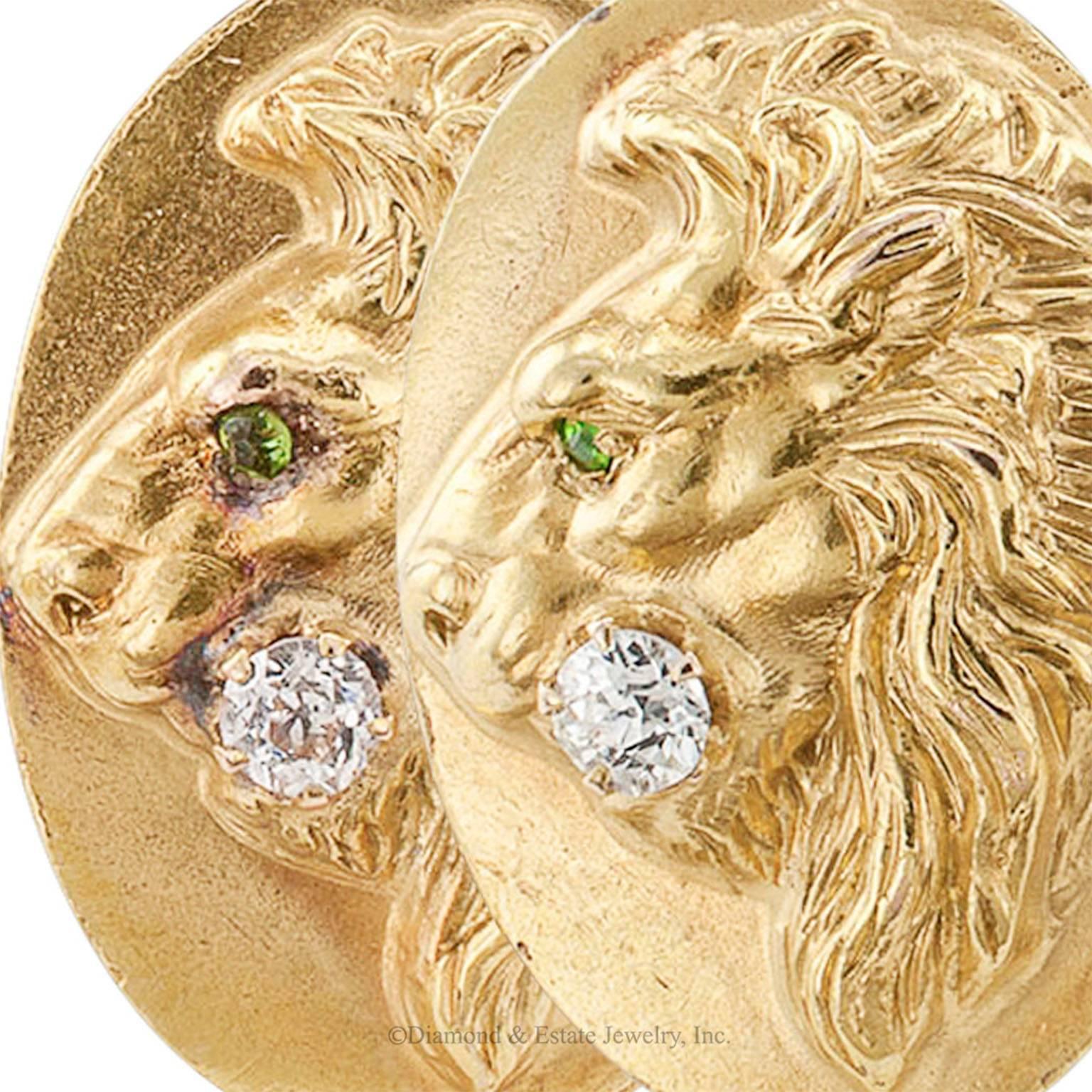 Women's or Men's Art Nouveau Demantoid Diamond Gold Lion Head Cufflinks