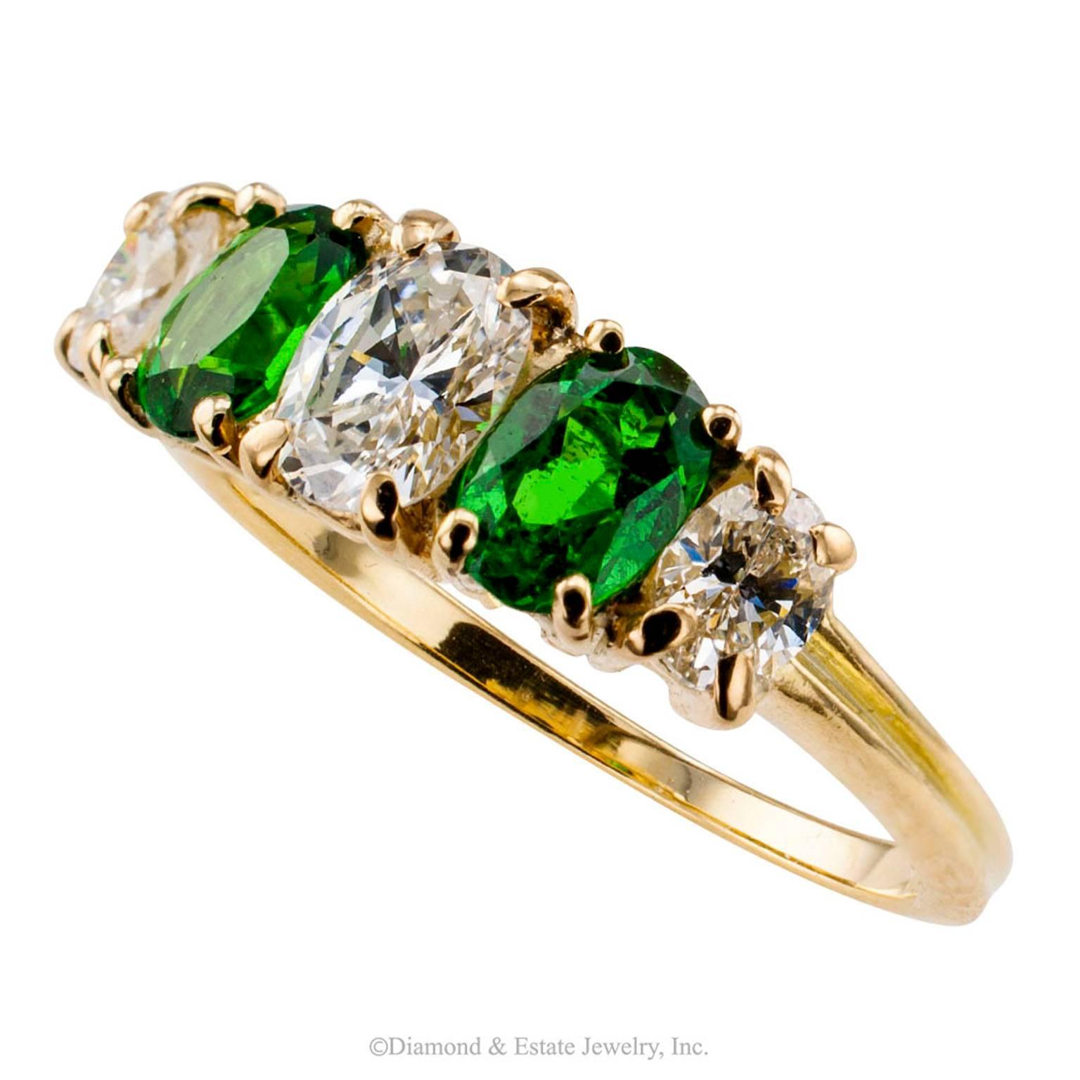 Tsavorite Garnet Diamond Gold Five-Stone Ring In Excellent Condition In Los Angeles, CA