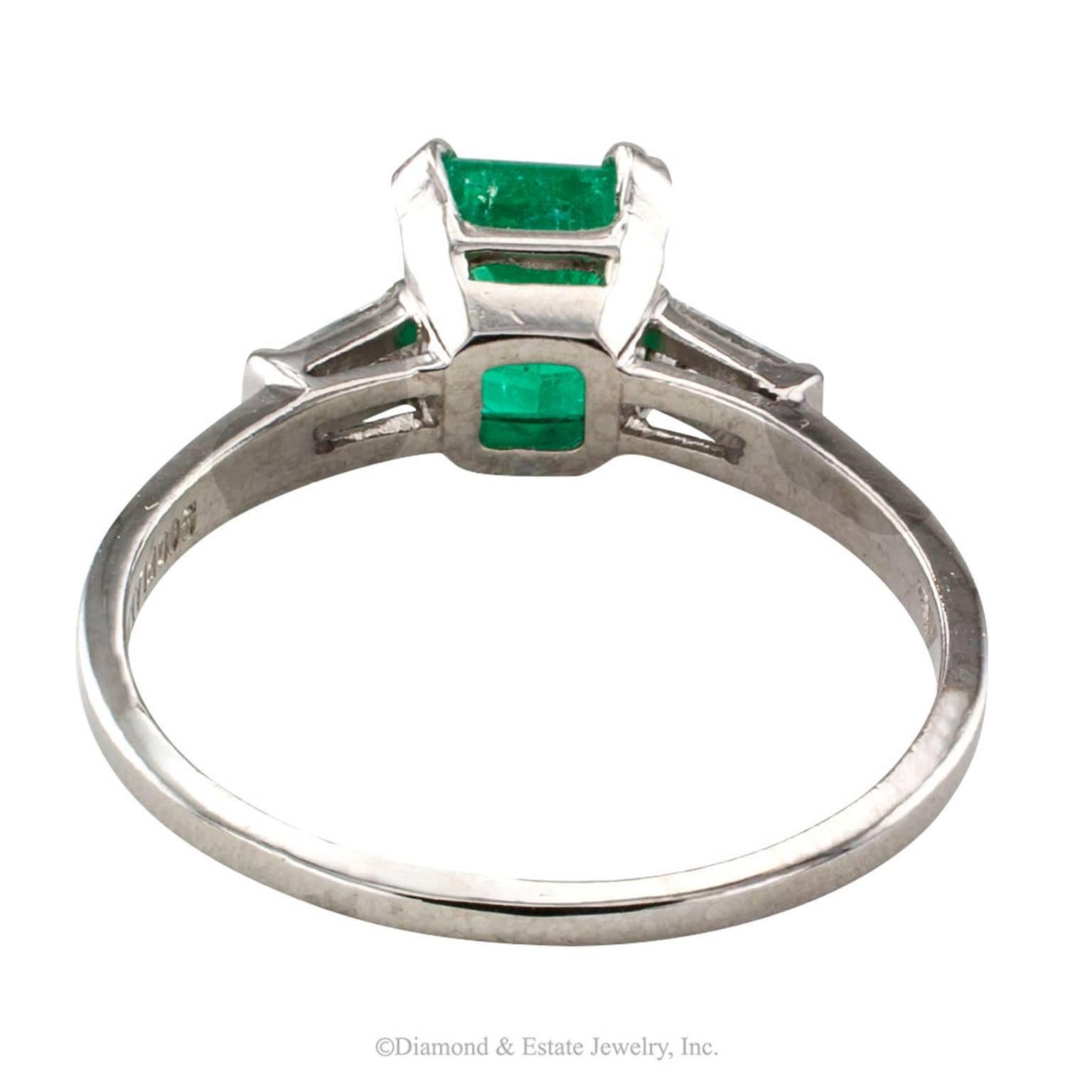 Emerald-Cut Emerald Diamond Platinum Ring In Excellent Condition In Los Angeles, CA