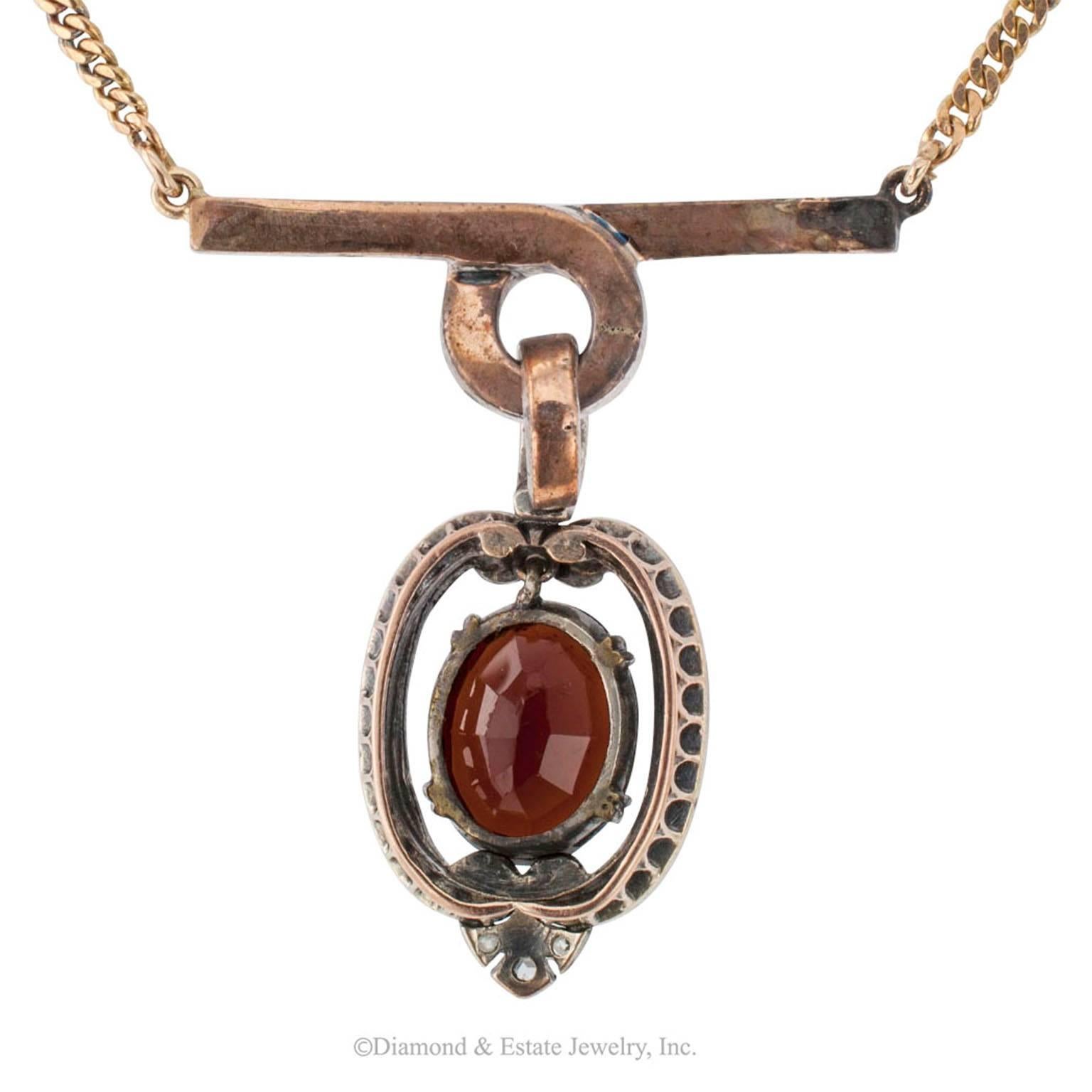 Oval Cut Victorian 1880s Garnet Rose Cut Diamond Gold Silver Necklace