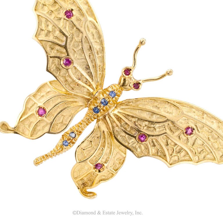 Tiffany and Co. 1960s Butterfly Ruby Sapphire Gold Brooch ...