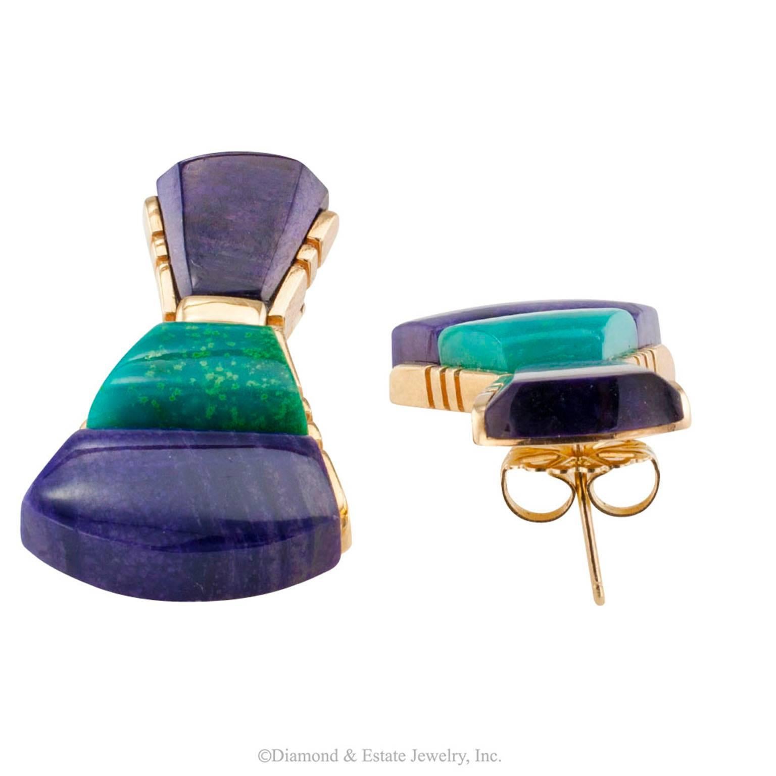 Chrysocola Sugilite Gold Earrings by Raoul Sosa In Excellent Condition In Los Angeles, CA