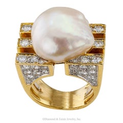 David Webb 1970 Anello con diamante e perle dei mari del sud in oro e platino