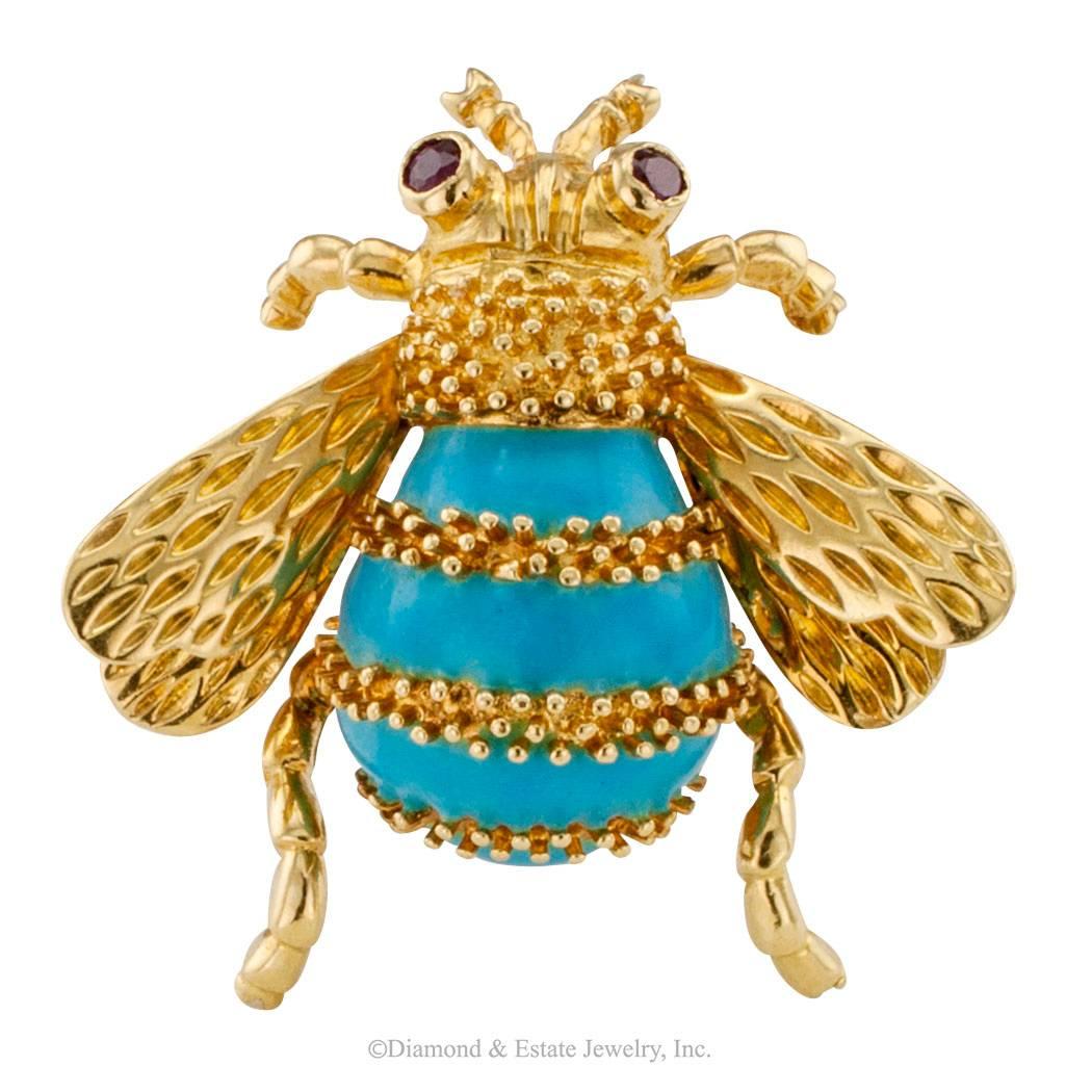Contemporary Bee Brooch 1960s Enamel Rubies Gold