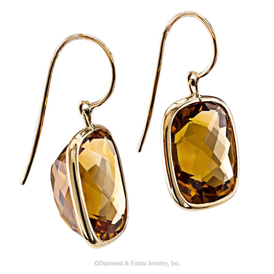 Rose Cut Citrine Gold Pendent Earrings In Excellent Condition In Los Angeles, CA