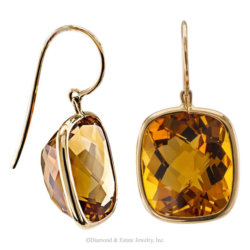 Cushion Cut Rose Cut Citrine Gold Pendent Earrings