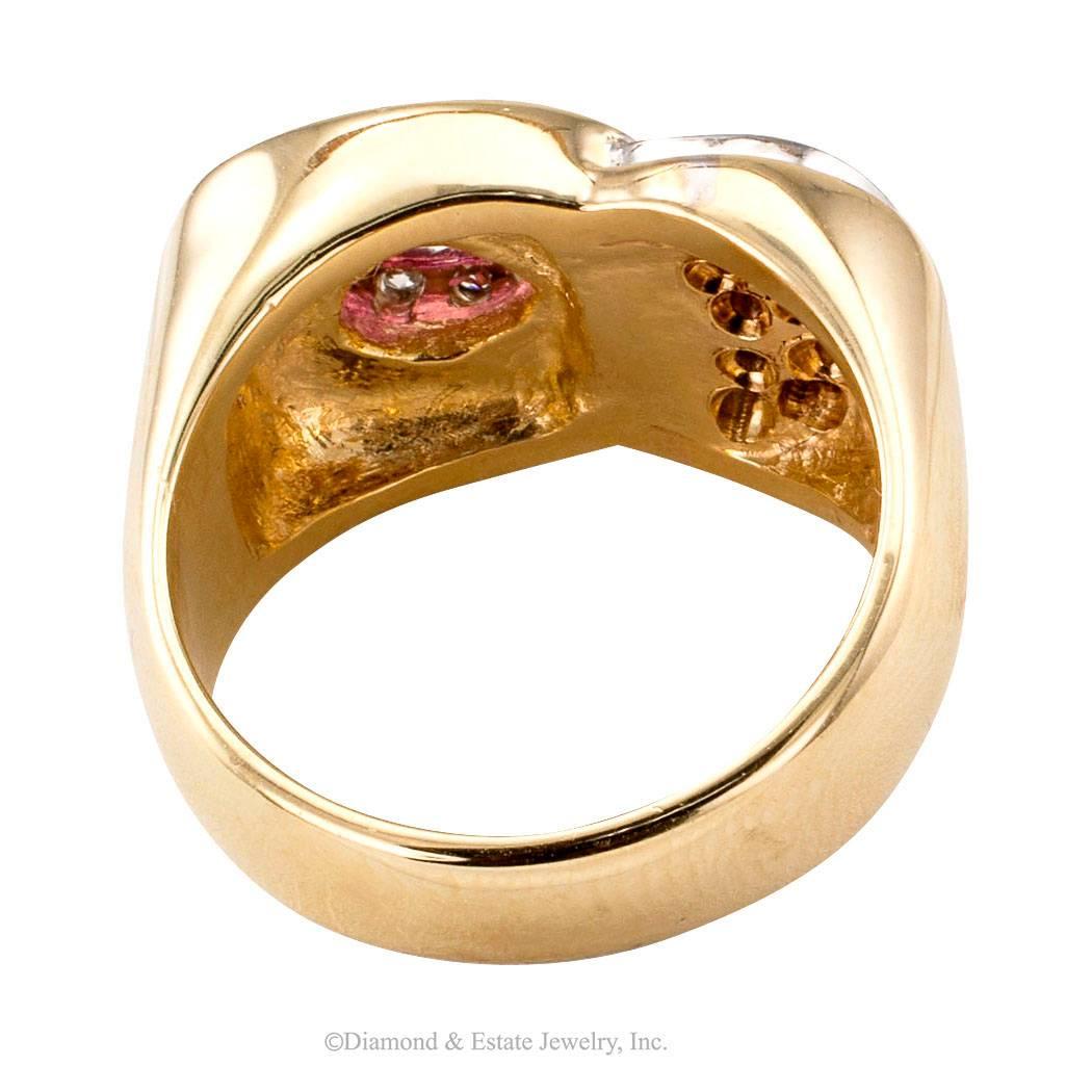 Women's or Men's 1970s Pink Tourmaline Diamond Gold Ring