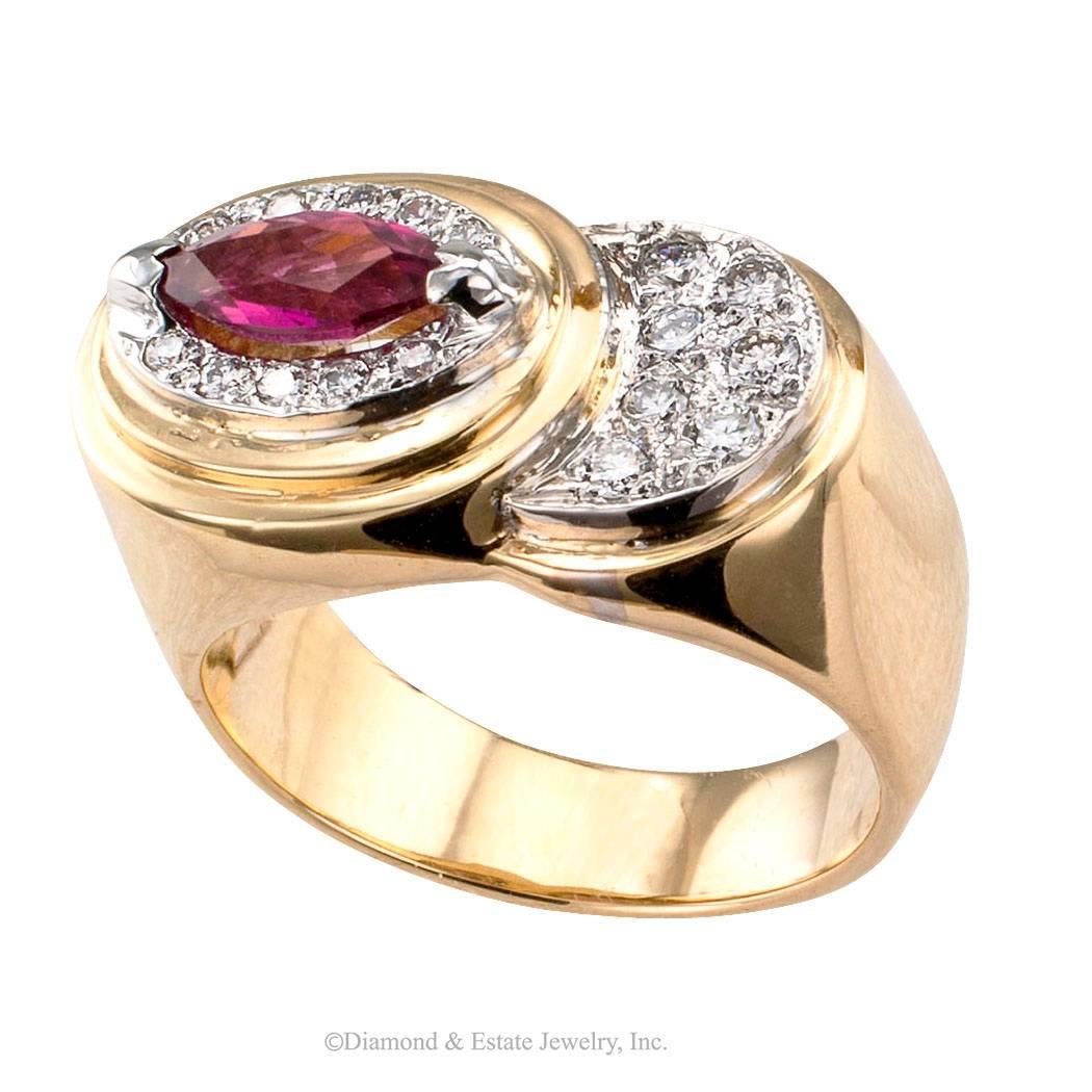 Marquise Cut 1970s Pink Tourmaline Diamond Gold Ring