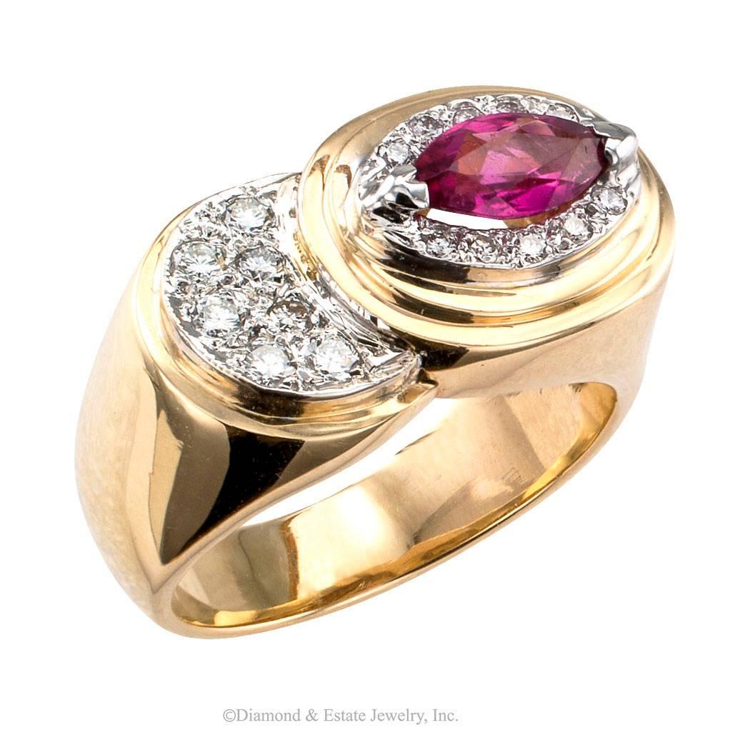 Modern 1970s Pink Tourmaline Diamond Gold Ring