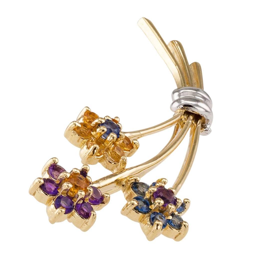 1970s Amethyst Citrine Sapphire Gold Bouquet Brooch In Excellent Condition In Los Angeles, CA