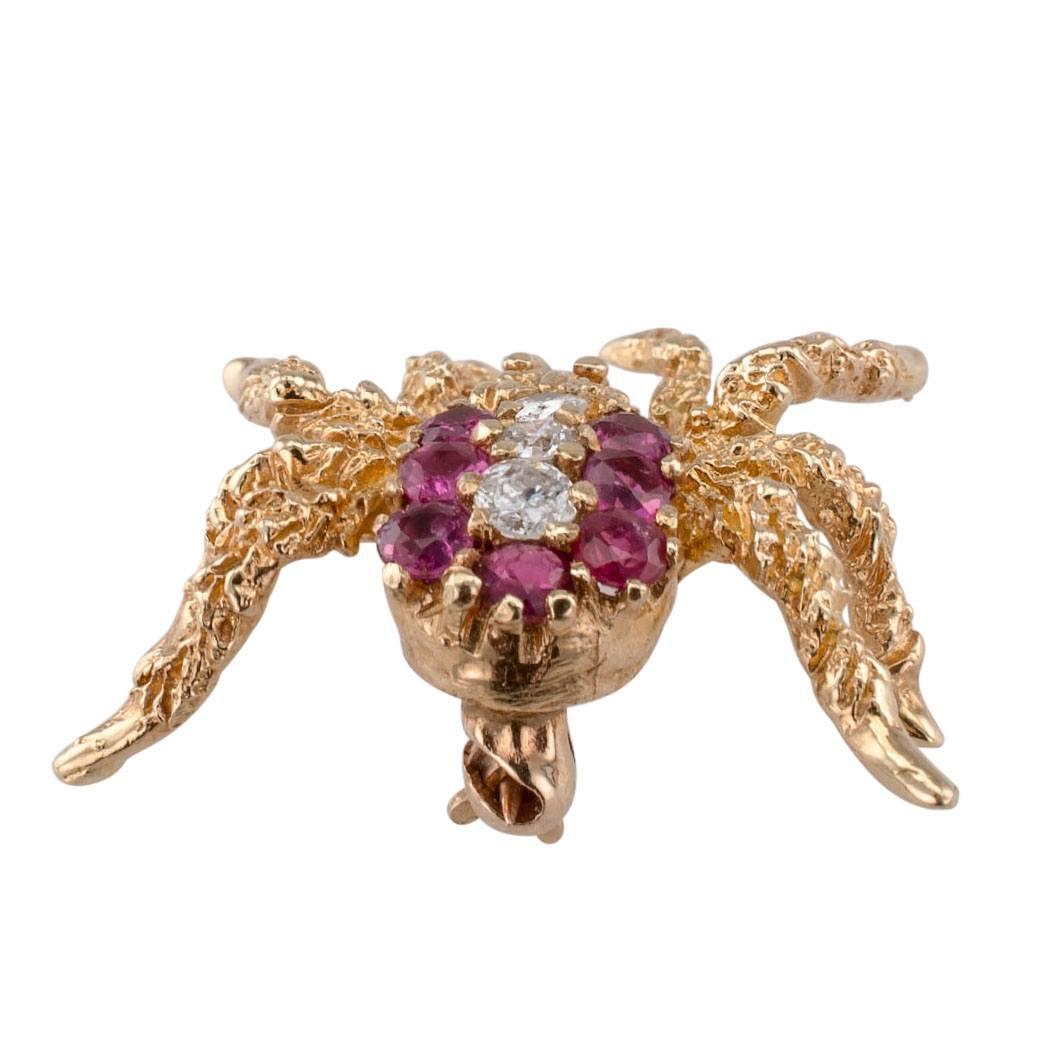 Women's or Men's Spider Brooch 1970s Ruby Diamond Gold