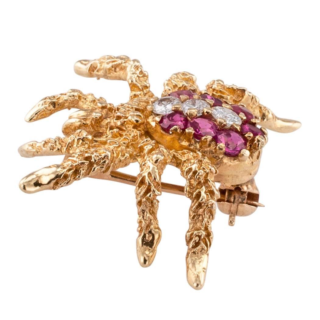 Spider Brooch 1970s Ruby Diamond Gold In Excellent Condition In Los Angeles, CA