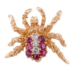 Spider Brooch 1970s Ruby Diamond Gold