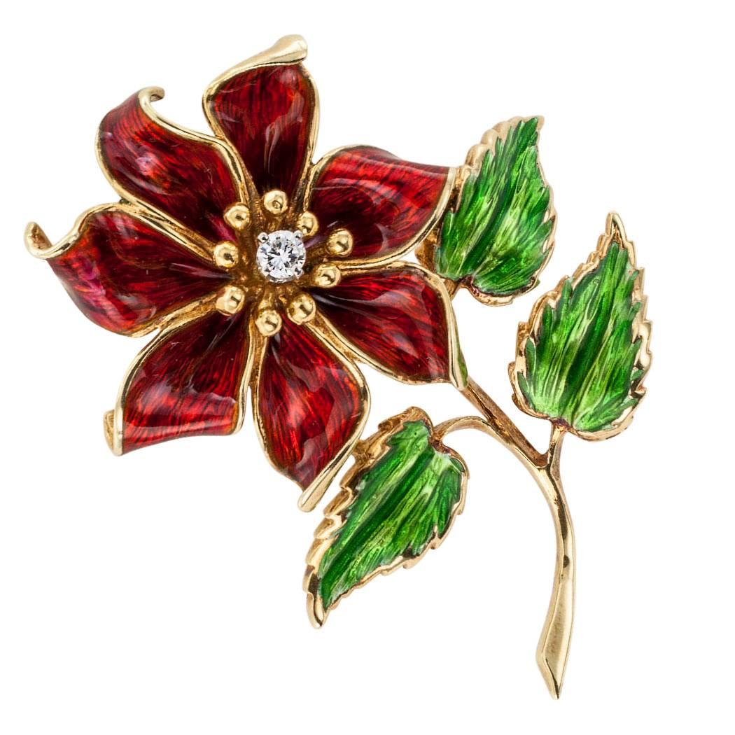 Modern Cartier 1970s Enamel Diamond Flower Brooch