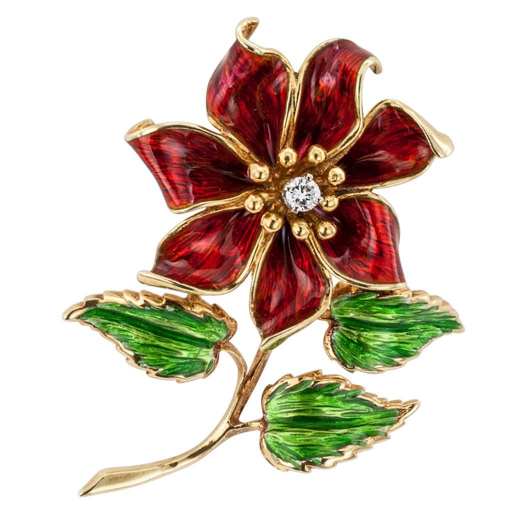 Cartier 1970s Enamel Diamond Flower Brooch