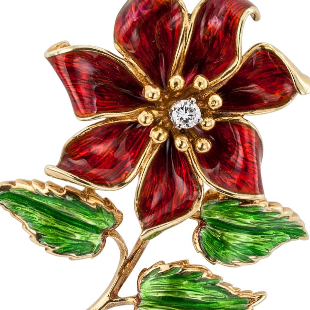 Cartier 1970s Enamel Diamond Flower Brooch 1