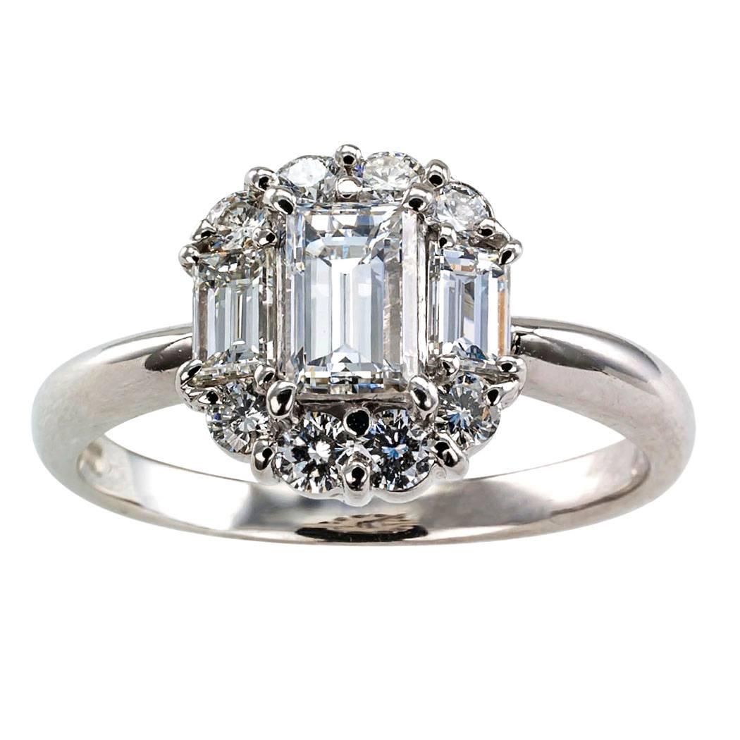 Three-Stone Rectangular Diamond Platinum Engagement Ring