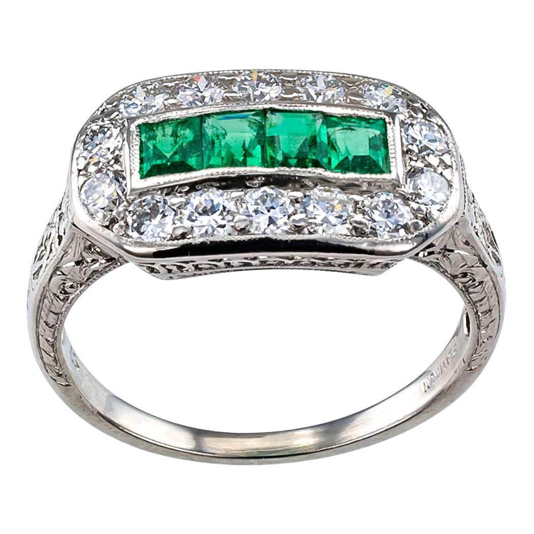 Art Deco 1925 Emerald Diamond Platinum Ring
