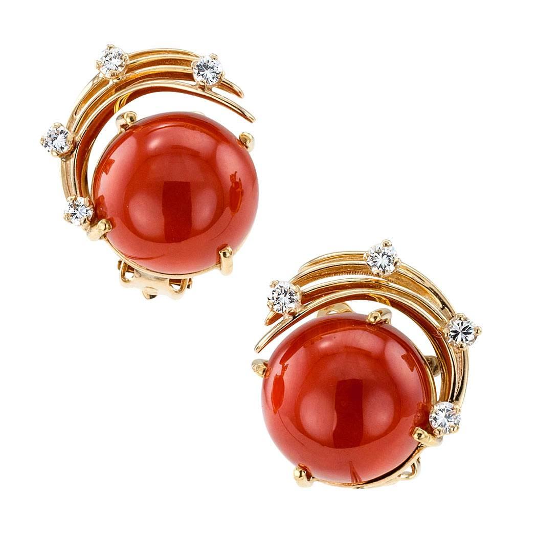 1960s Red Coral Diamond Gold Earrings