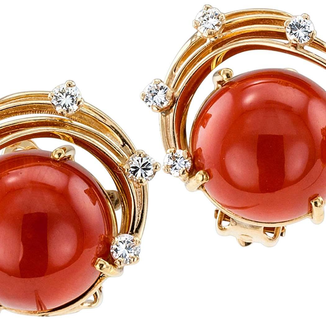 Modern 1960s Red Coral Diamond Gold Earrings