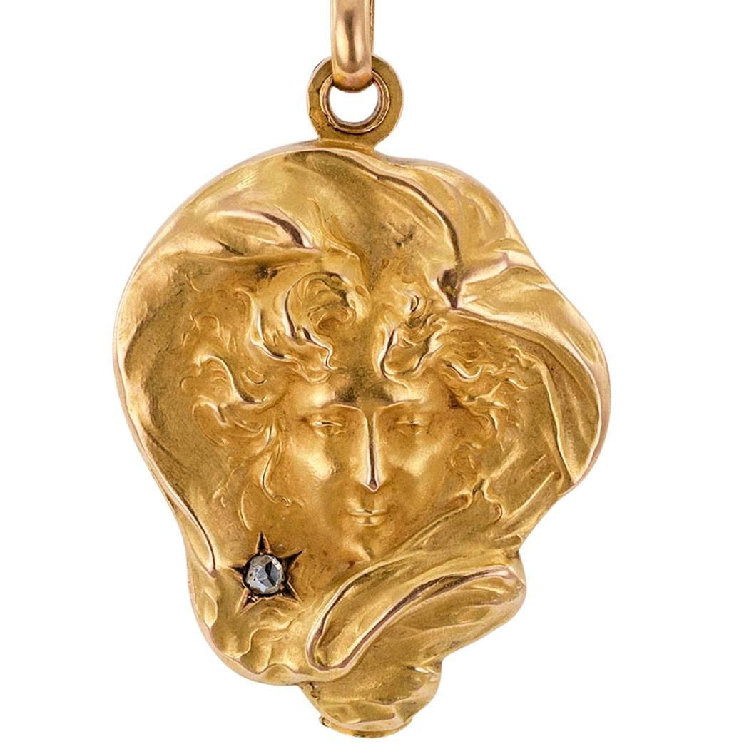 French 1905 Art Nouveau Diamond Gold Locket