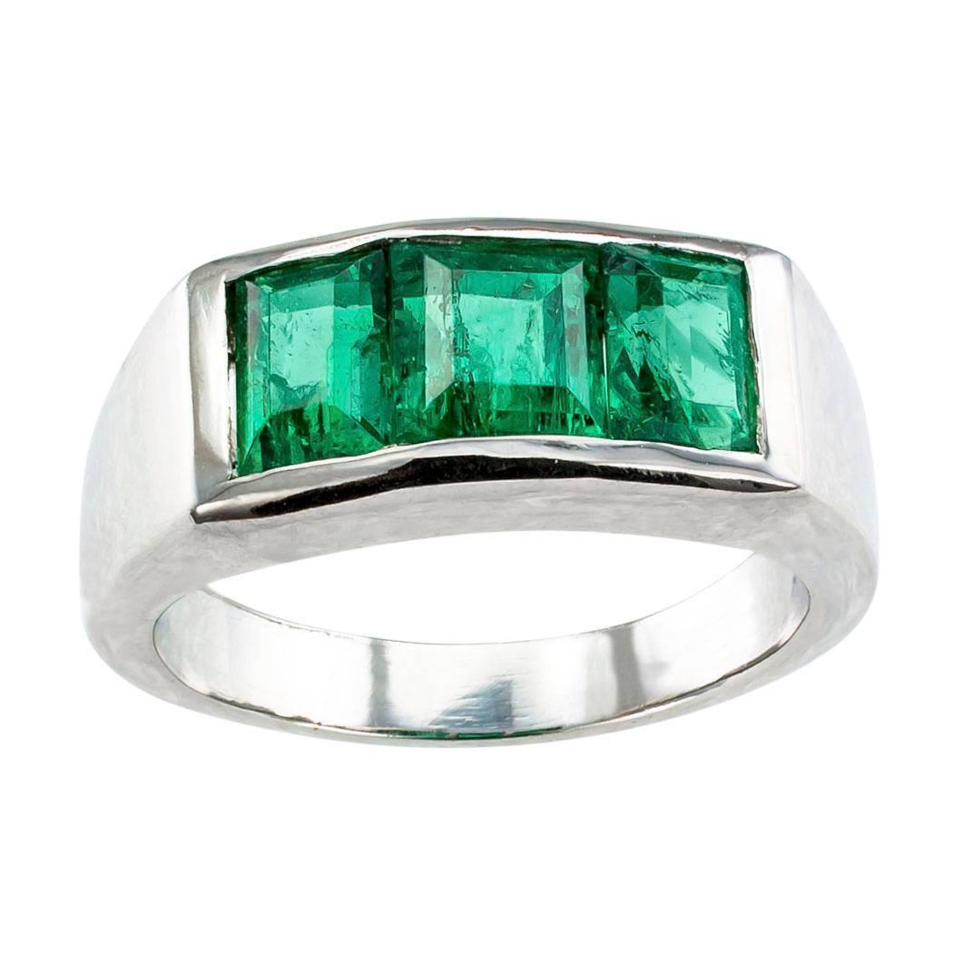 1940s Colombian Emerald Diamond Three-Stone Platinum Ring