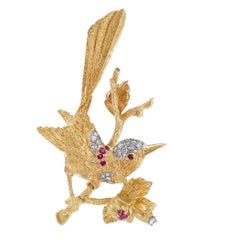 1960s Diamond Ruby Gold Bird Brooch