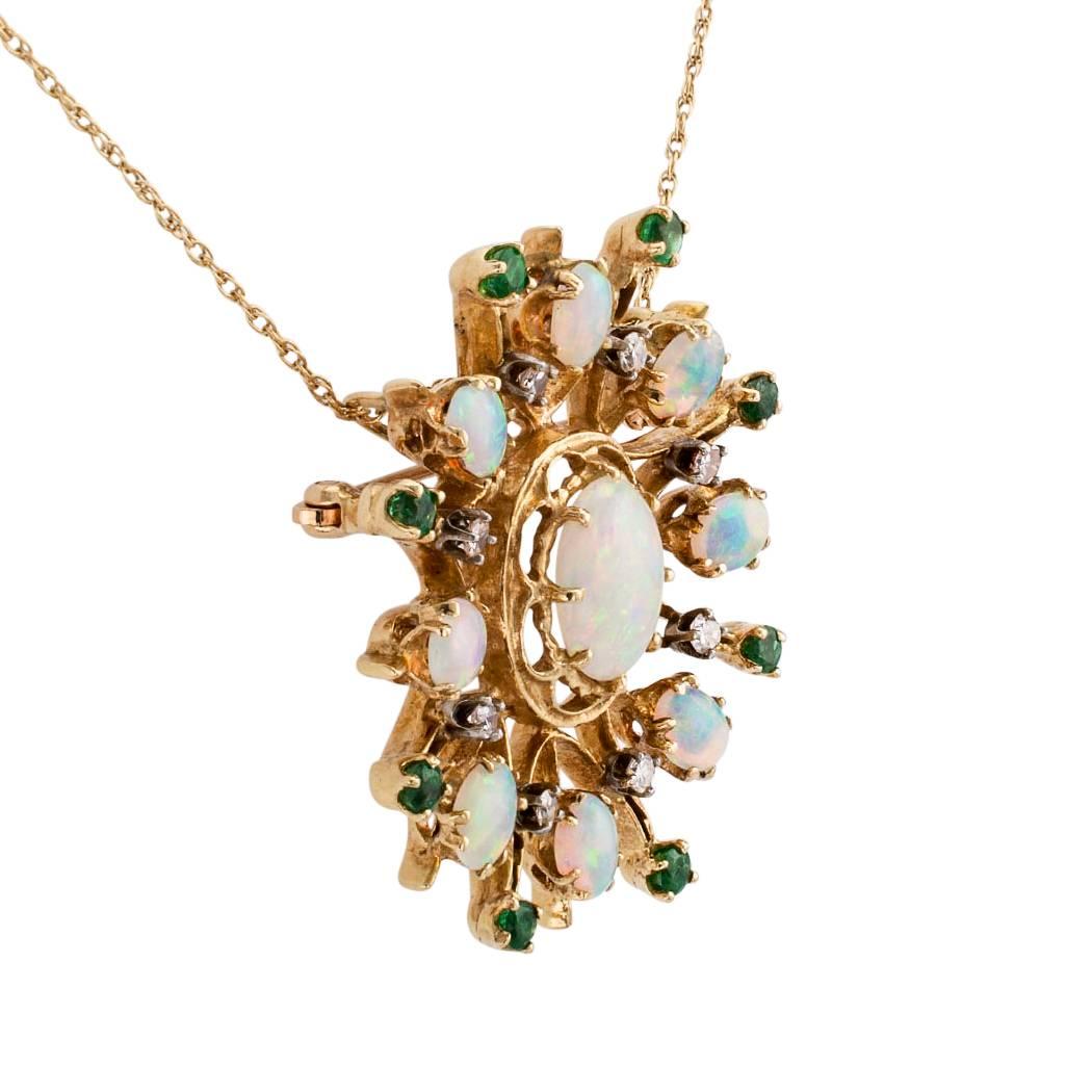 1960s Opal Emerald Diamond Gold Brooch Pendant In Excellent Condition In Los Angeles, CA
