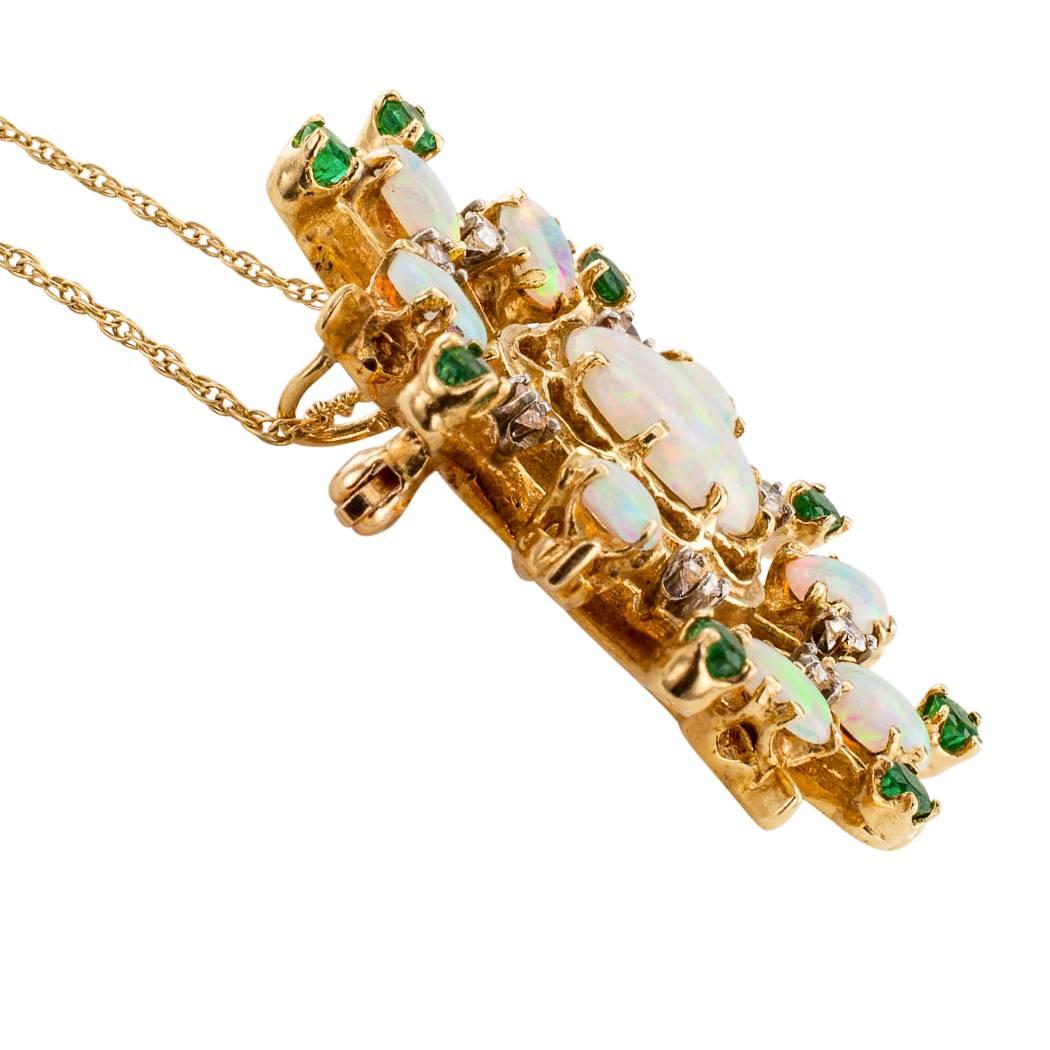 Modern 1960s Opal Emerald Diamond Gold Brooch Pendant