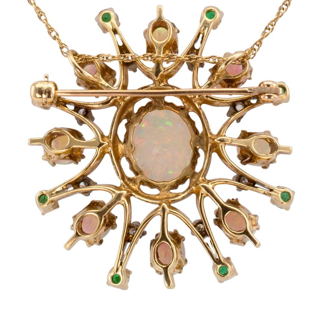 Women's 1960s Opal Emerald Diamond Gold Brooch Pendant