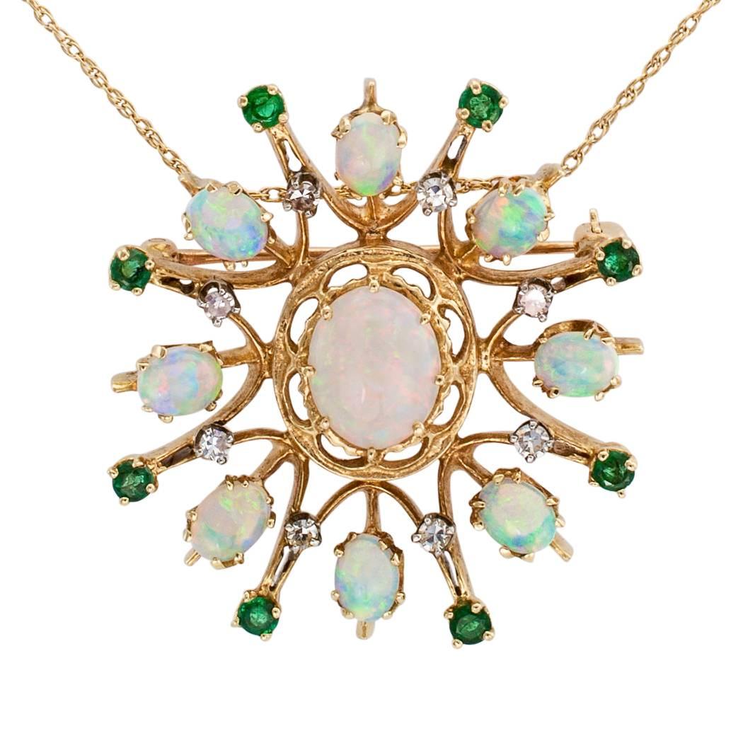 1960s Opal Emerald Diamond Gold Brooch Pendant