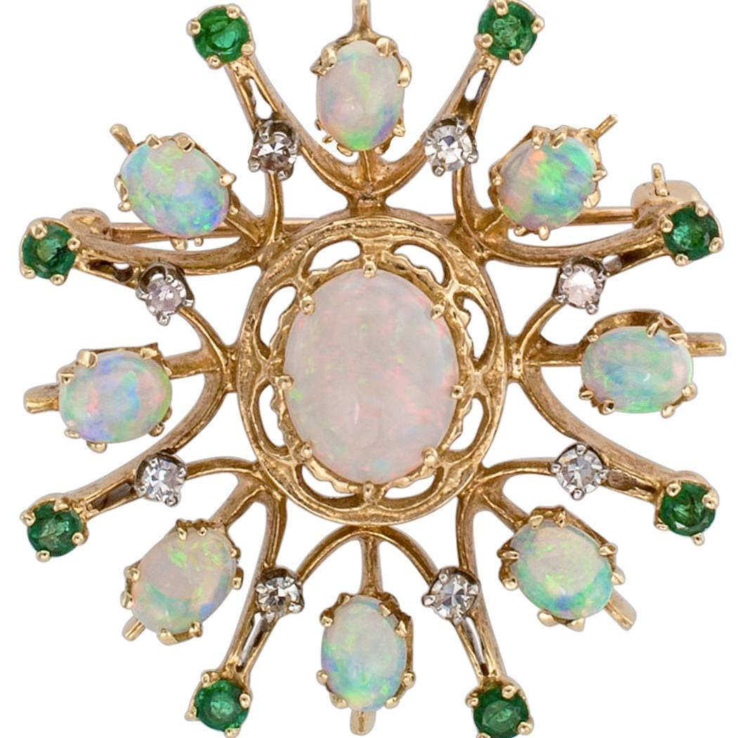 1960s Opal Emerald Diamond Gold Brooch Pendant 1