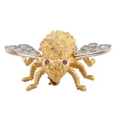 Rosenthal 1970s Honey Bee Diamond Ruby Gold Brooch