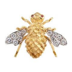 Rosenthal 1970s Honey Bee Diamond Ruby Gold Brooch