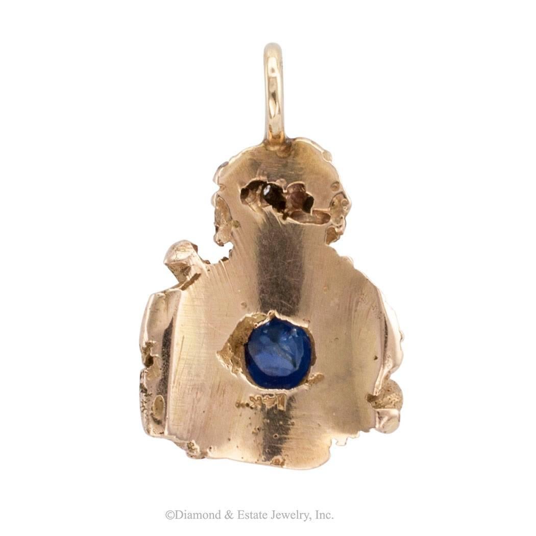 Modern 1950s Swami Charm Pendant Sapphire Diamond Gold