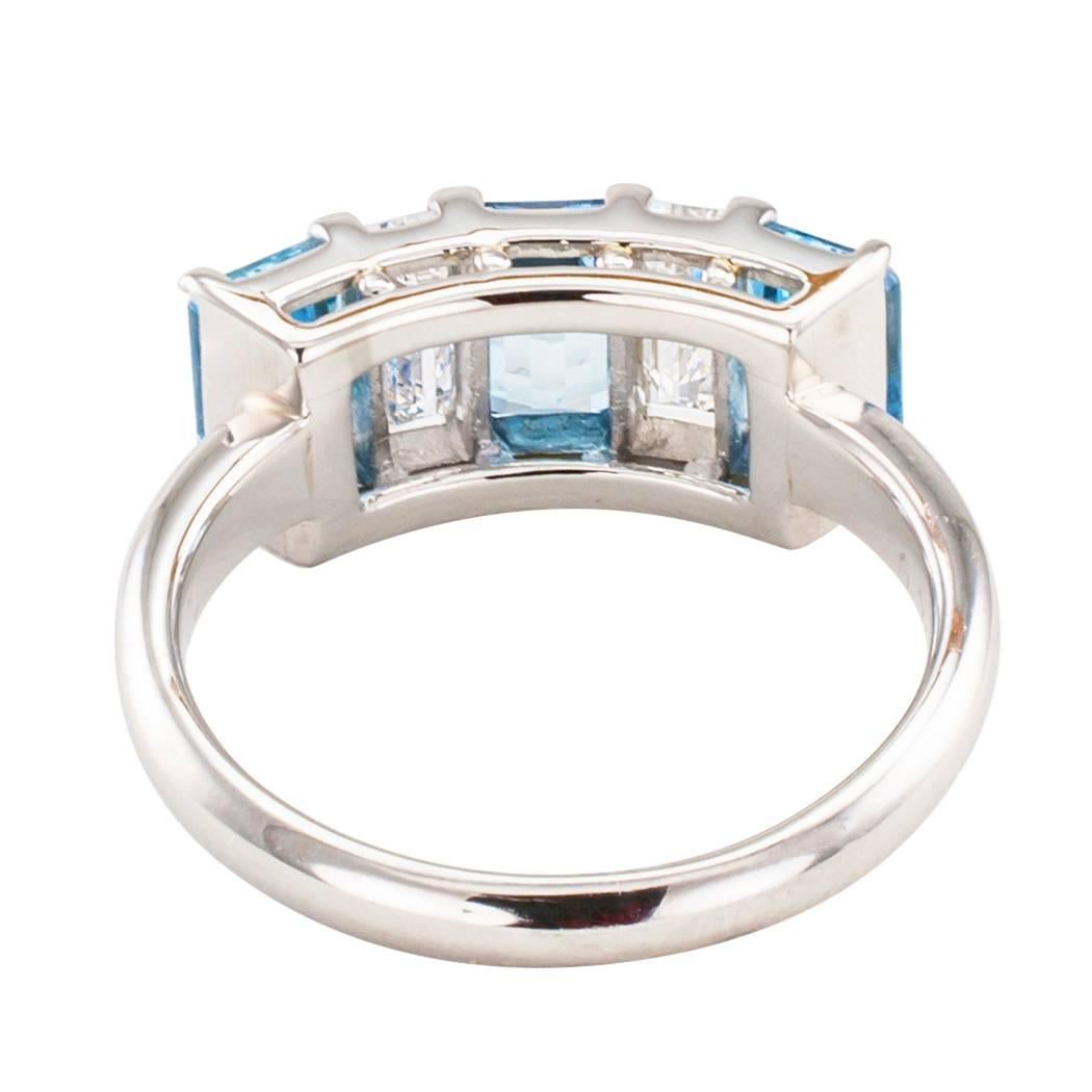 Women's Aquamarine Diamond Platinum Five Stone Ring