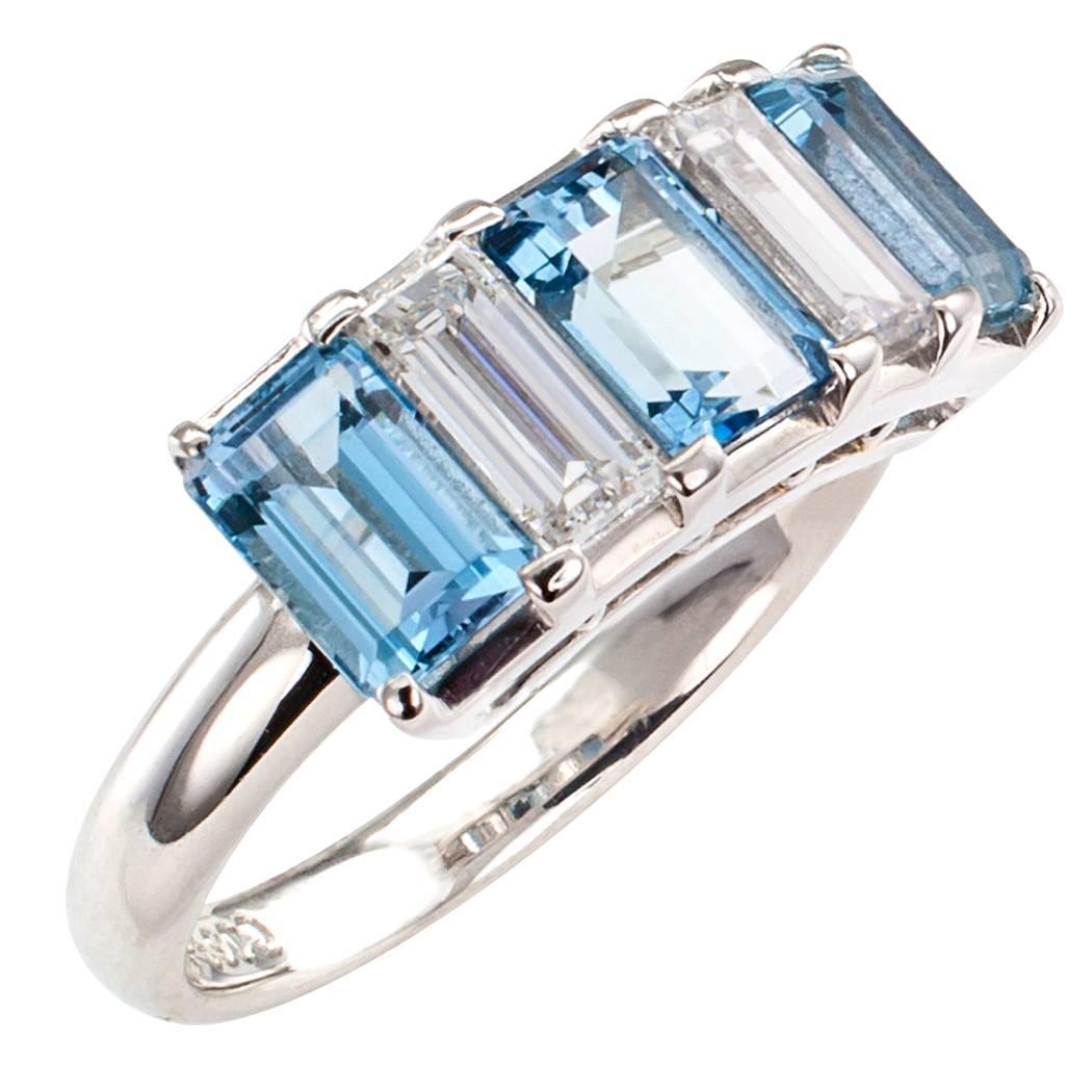 Modern Aquamarine Diamond Platinum Five Stone Ring