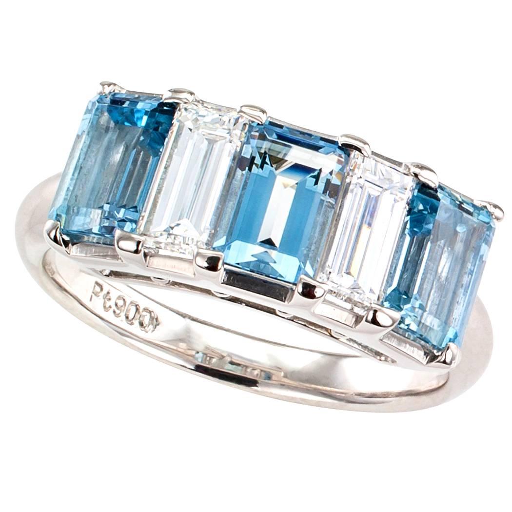 Aquamarine Diamond Platinum Five Stone Ring